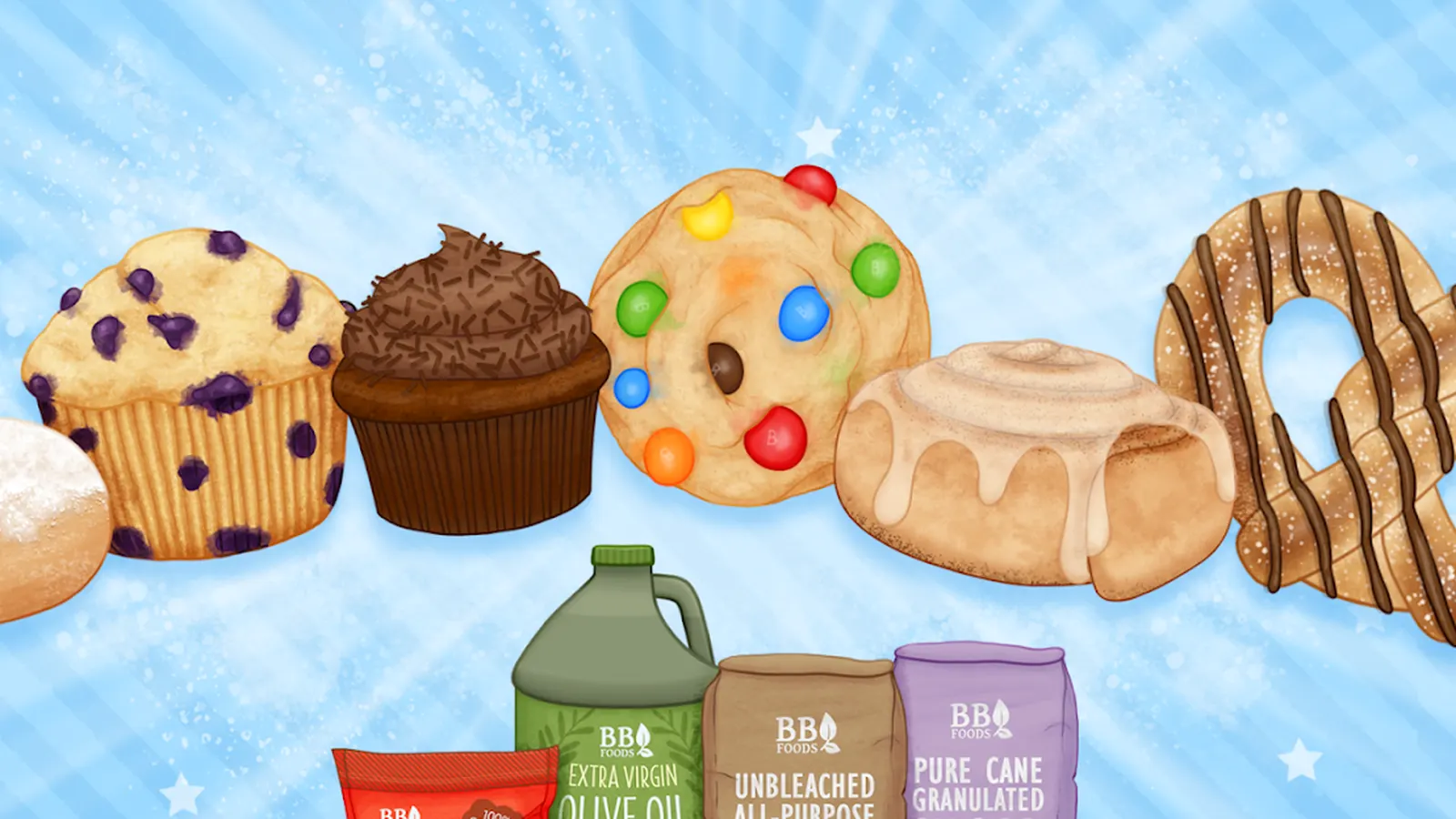 An assortment of illustrated baked goods — muffins, donuts, and a cinnamon roll — from a bakery simulation game